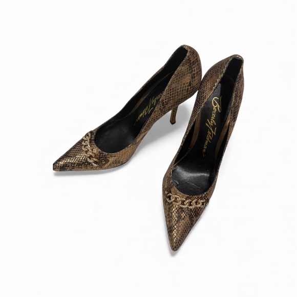 Beverly Feldman Tan Snake Print Heels - Picture 2 of 7